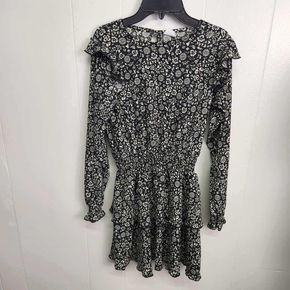 Zara Dress Girls 13-14 Black White Floral Long Sleeve Ruffle Midi Smocked Waist
